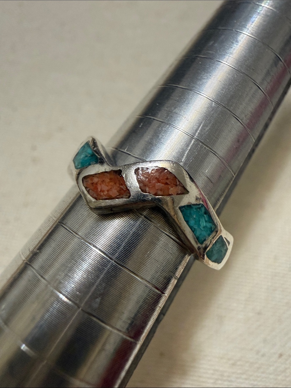 Sterling Silver Native Handmade Turquoise & Coral Inlay Women's Ring size 7.25